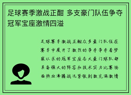 足球赛季激战正酣 多支豪门队伍争夺冠军宝座激情四溢