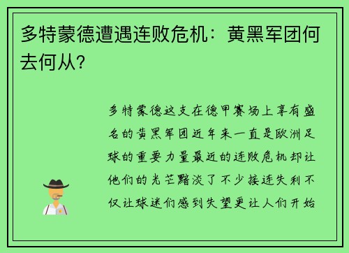 多特蒙德遭遇连败危机：黄黑军团何去何从？