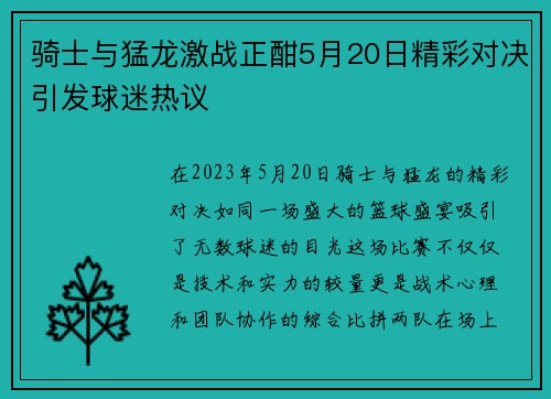 骑士与猛龙激战正酣5月20日精彩对决引发球迷热议