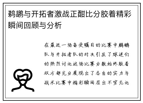 鹈鹕与开拓者激战正酣比分胶着精彩瞬间回顾与分析