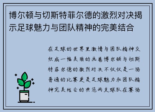 博尔顿与切斯特菲尔德的激烈对决揭示足球魅力与团队精神的完美结合