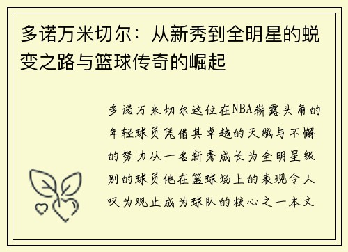 多诺万米切尔：从新秀到全明星的蜕变之路与篮球传奇的崛起