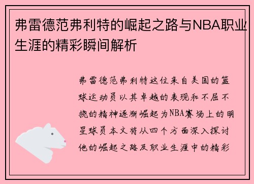 弗雷德范弗利特的崛起之路与NBA职业生涯的精彩瞬间解析