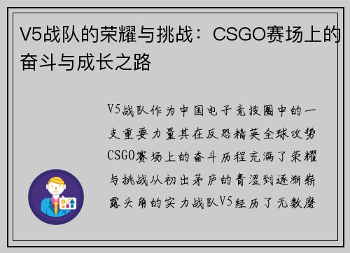 V5战队的荣耀与挑战：CSGO赛场上的奋斗与成长之路