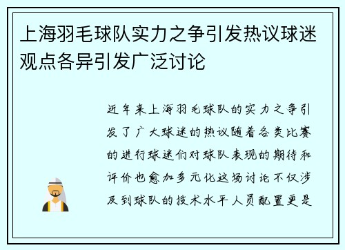 上海羽毛球队实力之争引发热议球迷观点各异引发广泛讨论